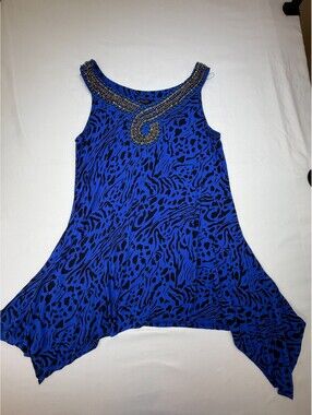 FYLO Women's Blouse Sleeveless Tunic Animal Print Beaded Knit Size L Blue